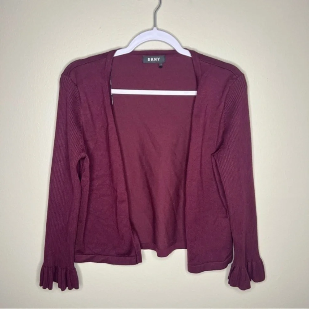 DKNY Open Front Ribbed Ruffle Cropped Sleeve Cardigan - Picture 1 of 7